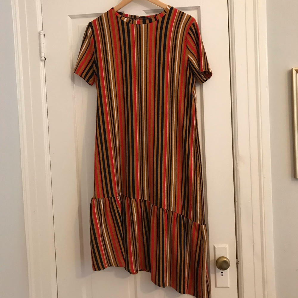 zara asymmetrical ruffle midi dress sz M